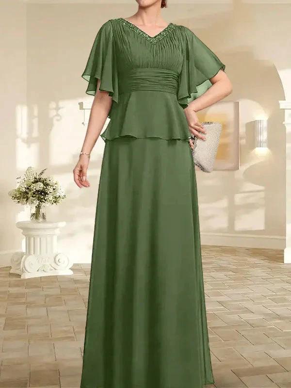 A-line V-Neck Floor-Length Chiffon Mother of the Bride Dress With Pleated Beading - Image 30