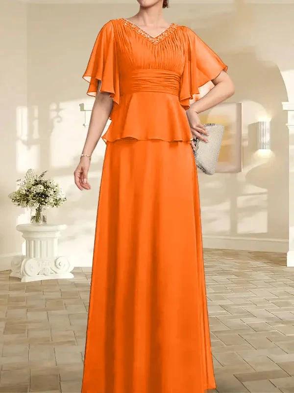 A-line V-Neck Floor-Length Chiffon Mother of the Bride Dress With Pleated Beading - Image 31