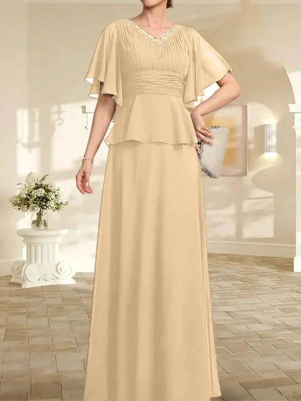 A-line V-Neck Floor-Length Chiffon Mother of the Bride Dress With Pleated Beading - Image 32