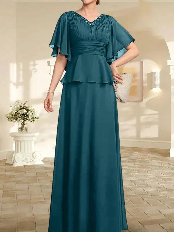A-line V-Neck Floor-Length Chiffon Mother of the Bride Dress With Pleated Beading - Image 33
