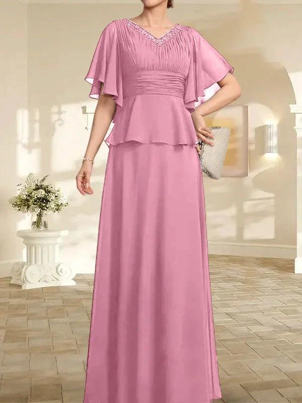A-line V-Neck Floor-Length Chiffon Mother of the Bride Dress With Pleated Beading - Image 34