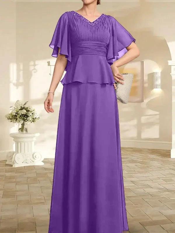 A-line V-Neck Floor-Length Chiffon Mother of the Bride Dress With Pleated Beading - Image 35