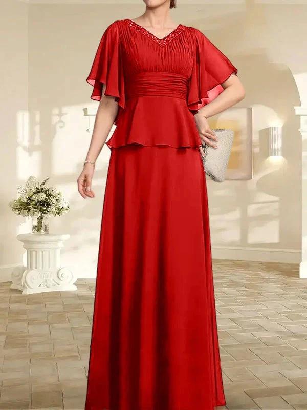 A-line V-Neck Floor-Length Chiffon Mother of the Bride Dress With Pleated Beading - Image 36