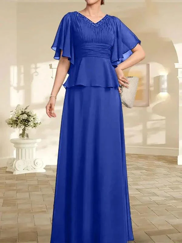 A-line V-Neck Floor-Length Chiffon Mother of the Bride Dress With Pleated Beading - Image 37