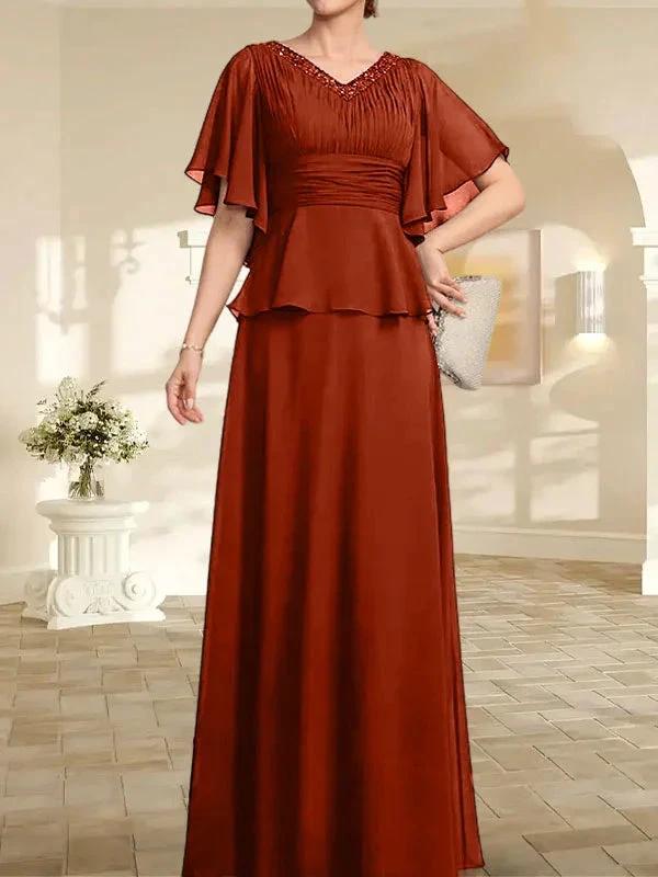 A-line V-Neck Floor-Length Chiffon Mother of the Bride Dress With Pleated Beading - Image 38