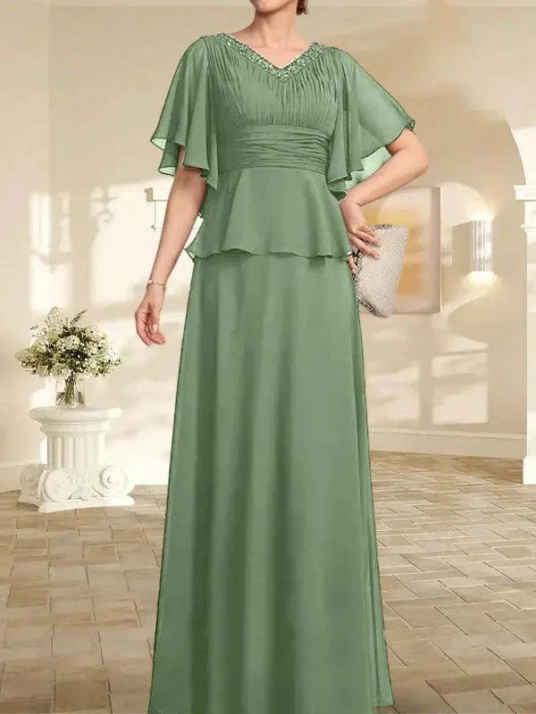 A-line V-Neck Floor-Length Chiffon Mother of the Bride Dress With Pleated Beading - Image 39