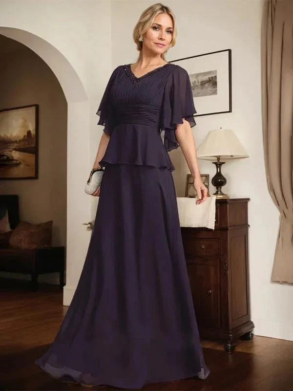 A-line V-Neck Floor-Length Chiffon Mother of the Bride Dress With Pleated Beading - Image 4
