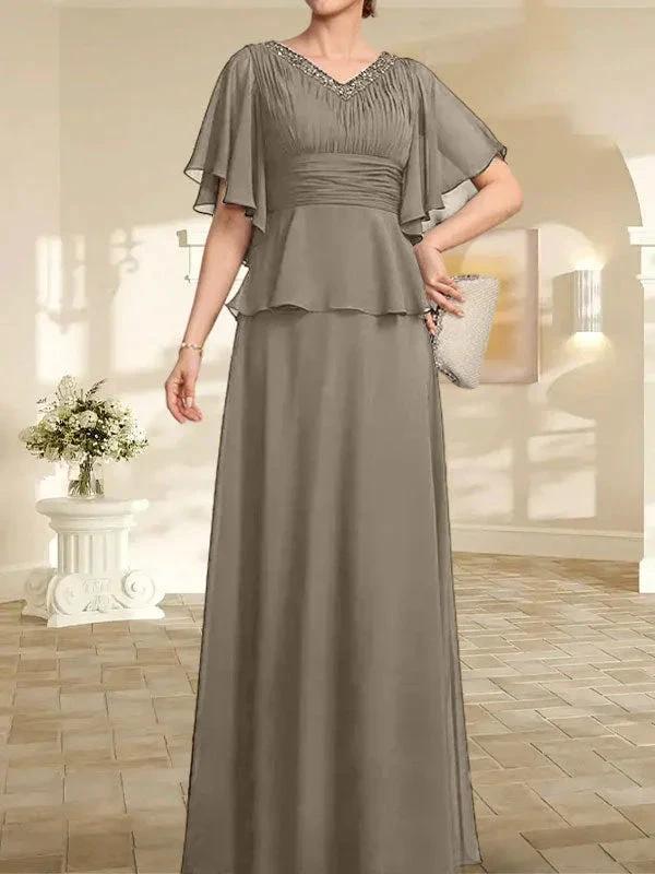 A-line V-Neck Floor-Length Chiffon Mother of the Bride Dress With Pleated Beading - Image 40