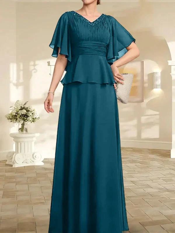 A-line V-Neck Floor-Length Chiffon Mother of the Bride Dress With Pleated Beading - Image 41