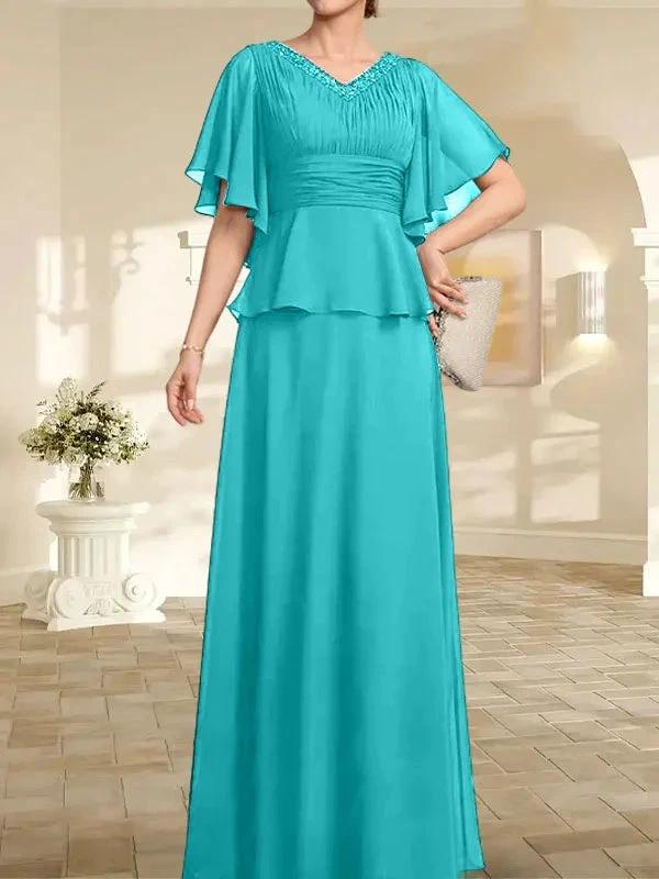 A-line V-Neck Floor-Length Chiffon Mother of the Bride Dress With Pleated Beading - Image 42