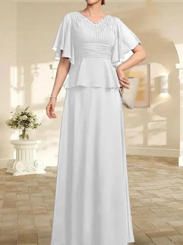 A-line V-Neck Floor-Length Chiffon Mother of the Bride Dress With Pleated Beading - Image 43