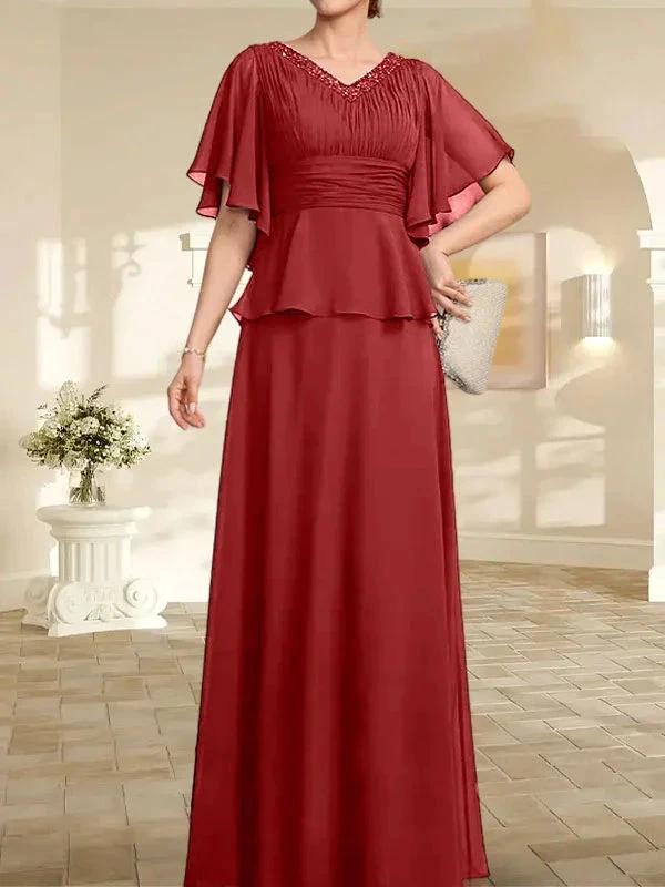 A-line V-Neck Floor-Length Chiffon Mother of the Bride Dress With Pleated Beading - Image 44