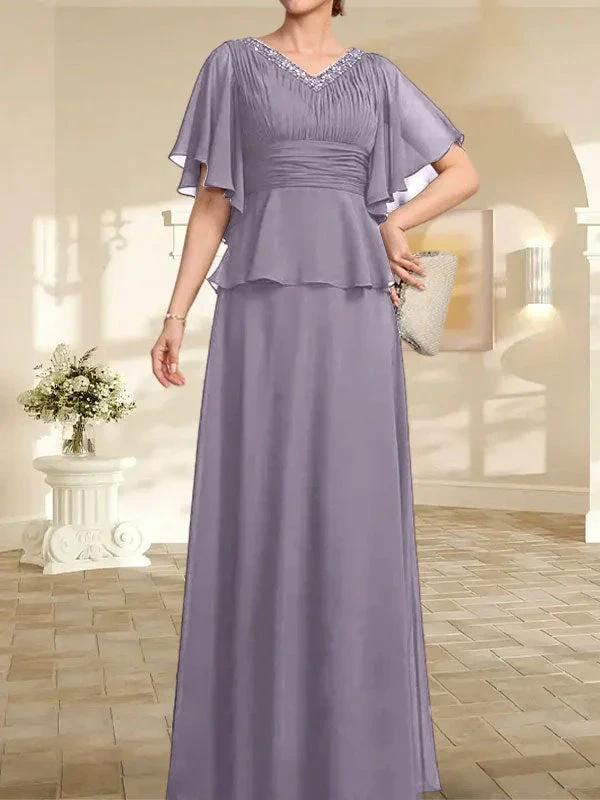 A-line V-Neck Floor-Length Chiffon Mother of the Bride Dress With Pleated Beading - Image 45