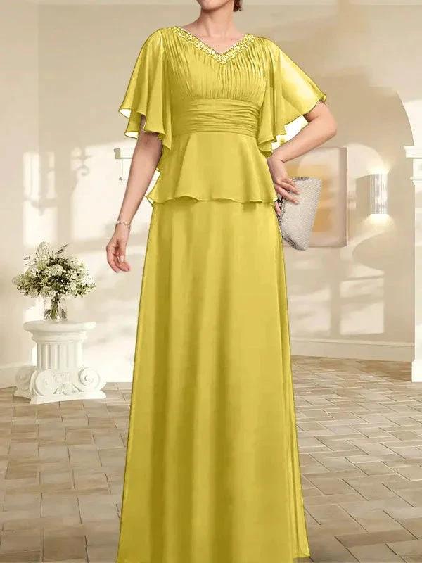 A-line V-Neck Floor-Length Chiffon Mother of the Bride Dress With Pleated Beading - Image 46