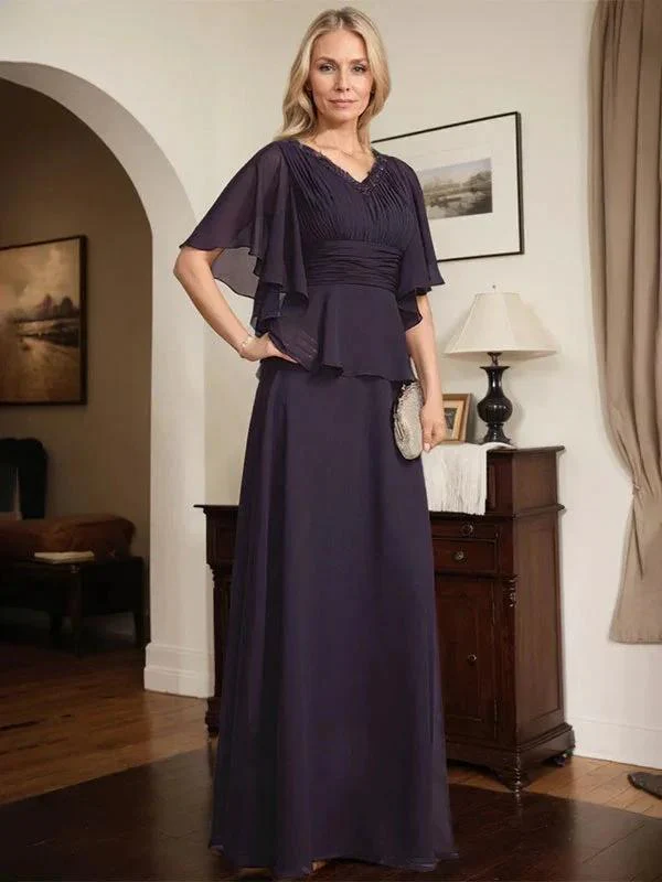 A-line V-Neck Floor-Length Chiffon Mother of the Bride Dress With Pleated Beading - Image 5