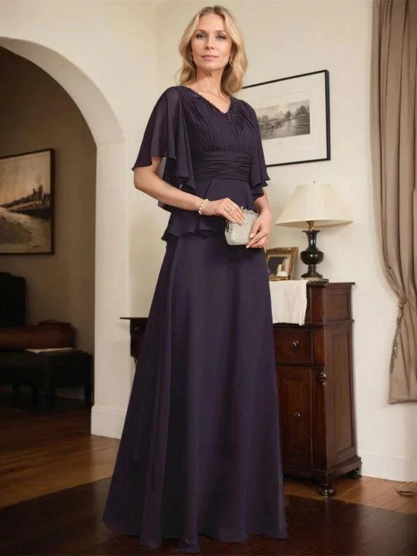 A-line V-Neck Floor-Length Chiffon Mother of the Bride Dress With Pleated Beading - Image 6
