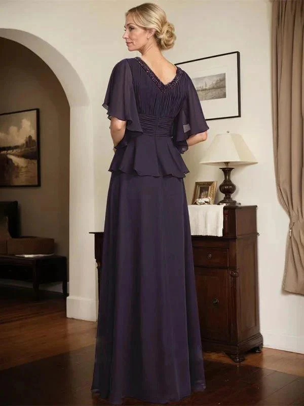 A-line V-Neck Floor-Length Chiffon Mother of the Bride Dress With Pleated Beading - Image 7