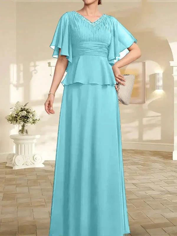 A-line V-Neck Floor-Length Chiffon Mother of the Bride Dress With Pleated Beading - Image 9