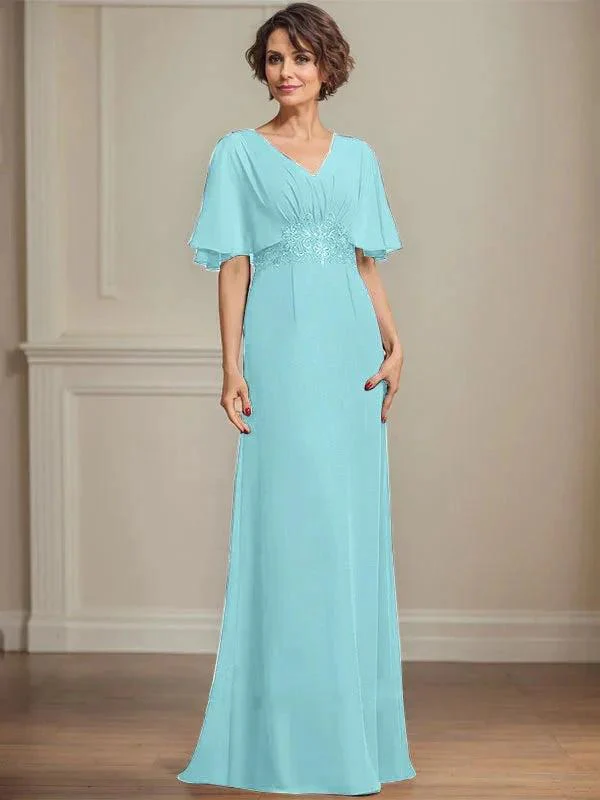 A-line V-Neck Floor-Length Chiffon Mother of the Bride Dress With Pleated Sequins Appliques Lace - Image 10