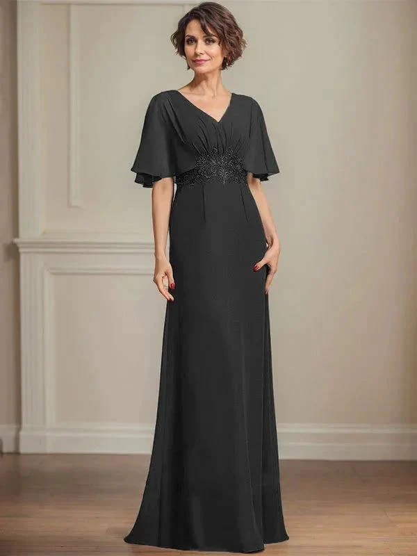 A-line V-Neck Floor-Length Chiffon Mother of the Bride Dress With Pleated Sequins Appliques Lace - Image 11