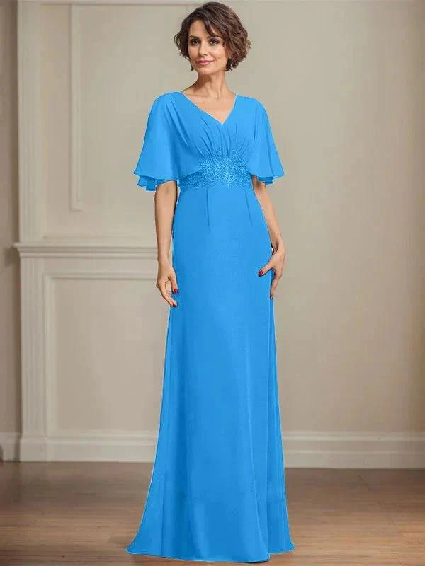 A-line V-Neck Floor-Length Chiffon Mother of the Bride Dress With Pleated Sequins Appliques Lace - Image 12