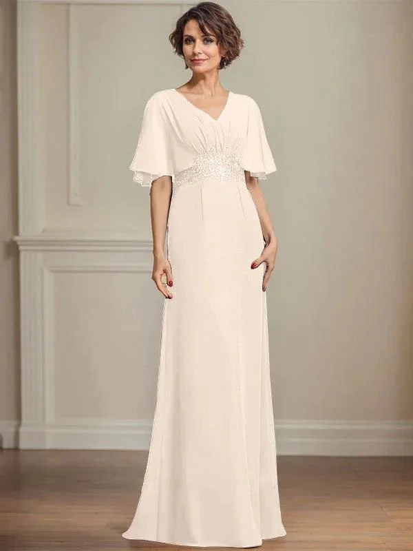 A-line V-Neck Floor-Length Chiffon Mother of the Bride Dress With Pleated Sequins Appliques Lace - Image 13