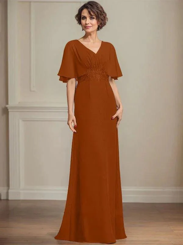 A-line V-Neck Floor-Length Chiffon Mother of the Bride Dress With Pleated Sequins Appliques Lace - Image 14