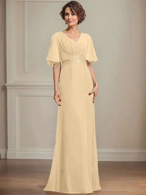 A-line V-Neck Floor-Length Chiffon Mother of the Bride Dress With Pleated Sequins Appliques Lace - Image 15
