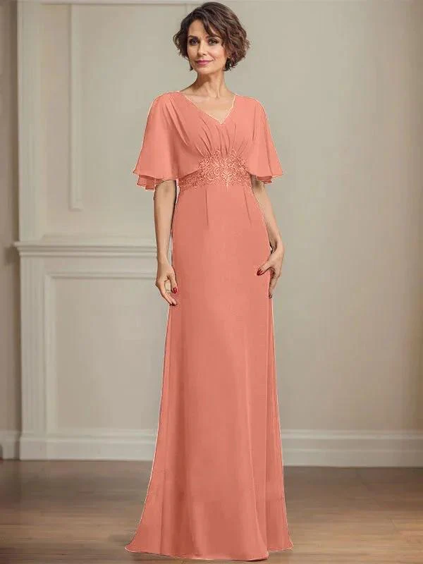 A-line V-Neck Floor-Length Chiffon Mother of the Bride Dress With Pleated Sequins Appliques Lace - Image 16