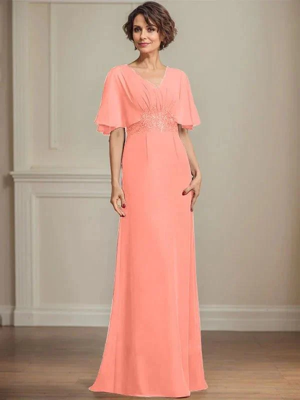 A-line V-Neck Floor-Length Chiffon Mother of the Bride Dress With Pleated Sequins Appliques Lace - Image 17