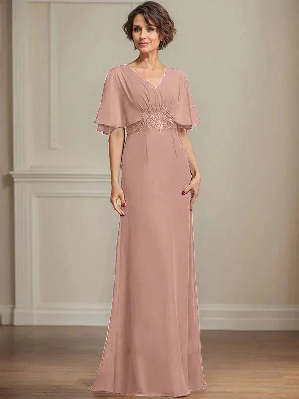 A-line V-Neck Floor-Length Chiffon Mother of the Bride Dress With Pleated Sequins Appliques Lace - Image 18