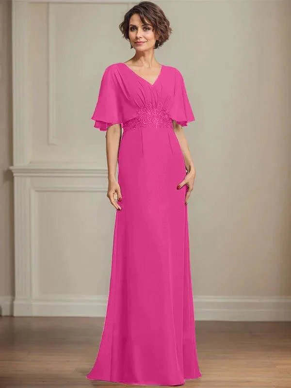 A-line V-Neck Floor-Length Chiffon Mother of the Bride Dress With Pleated Sequins Appliques Lace - Image 19