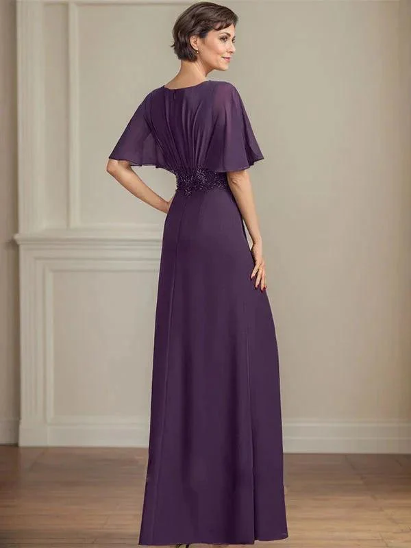 A-line V-Neck Floor-Length Chiffon Mother of the Bride Dress With Pleated Sequins Appliques Lace - Image 2
