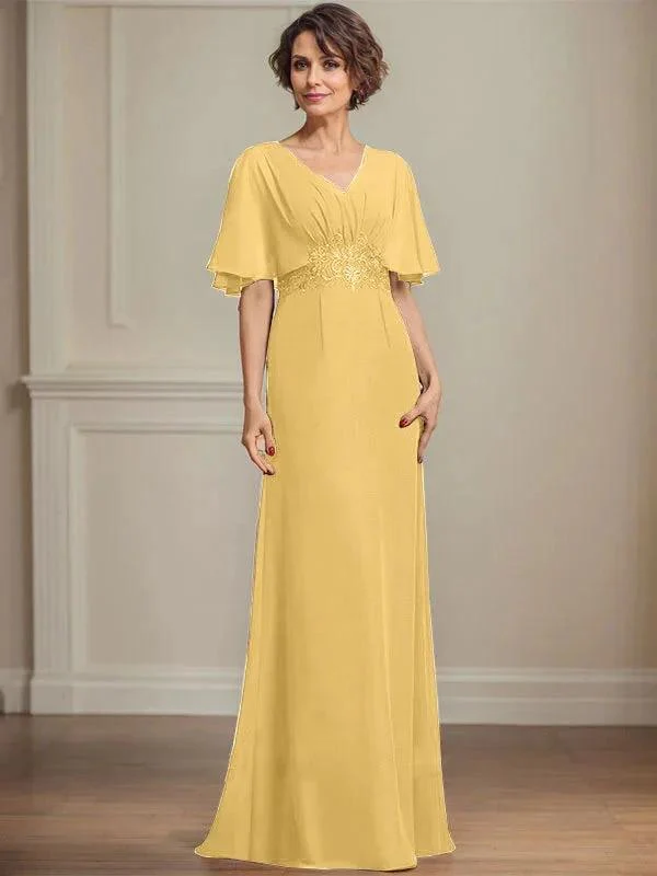 A-line V-Neck Floor-Length Chiffon Mother of the Bride Dress With Pleated Sequins Appliques Lace - Image 20
