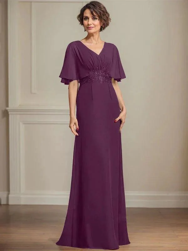 A-line V-Neck Floor-Length Chiffon Mother of the Bride Dress With Pleated Sequins Appliques Lace - Image 21