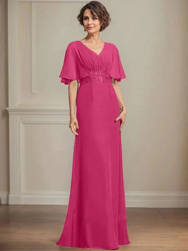 A-line V-Neck Floor-Length Chiffon Mother of the Bride Dress With Pleated Sequins Appliques Lace - Image 22