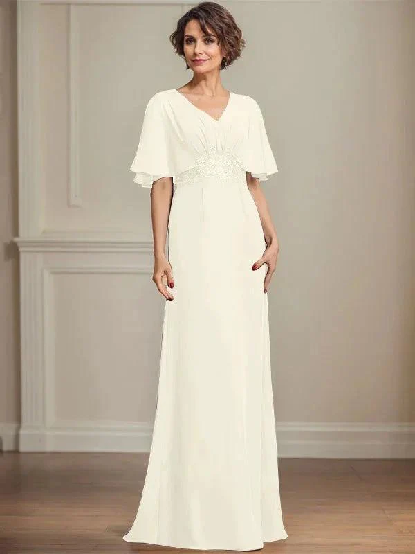 A-line V-Neck Floor-Length Chiffon Mother of the Bride Dress With Pleated Sequins Appliques Lace - Image 23