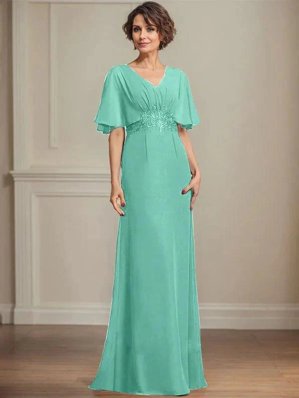 A-line V-Neck Floor-Length Chiffon Mother of the Bride Dress With Pleated Sequins Appliques Lace - Image 24