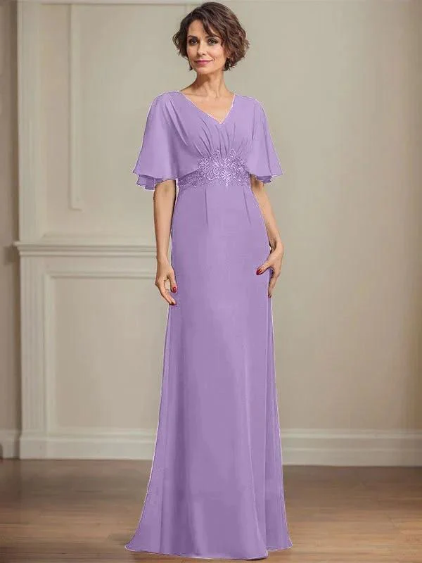 A-line V-Neck Floor-Length Chiffon Mother of the Bride Dress With Pleated Sequins Appliques Lace - Image 25