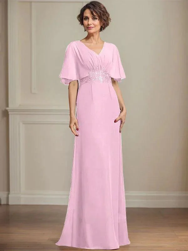 A-line V-Neck Floor-Length Chiffon Mother of the Bride Dress With Pleated Sequins Appliques Lace - Image 26