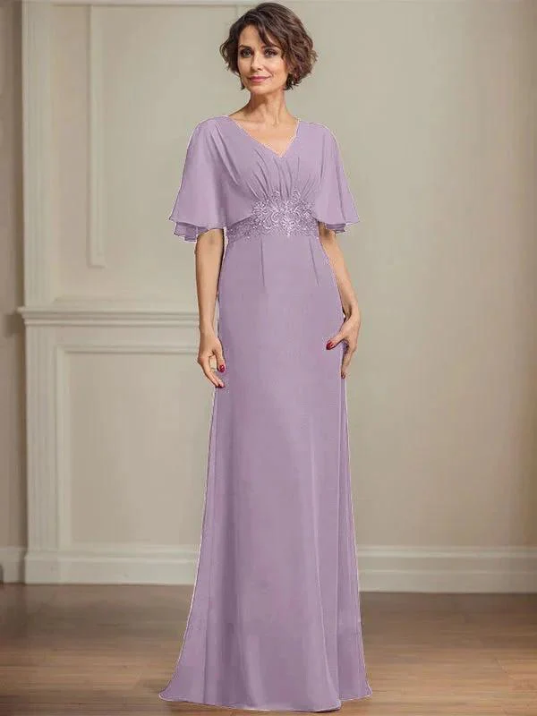 A-line V-Neck Floor-Length Chiffon Mother of the Bride Dress With Pleated Sequins Appliques Lace - Image 27
