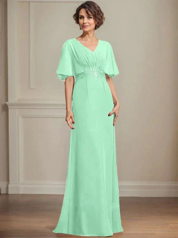 A-line V-Neck Floor-Length Chiffon Mother of the Bride Dress With Pleated Sequins Appliques Lace - Image 28