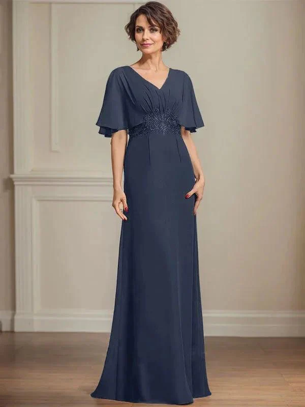 A-line V-Neck Floor-Length Chiffon Mother of the Bride Dress With Pleated Sequins Appliques Lace - Image 29