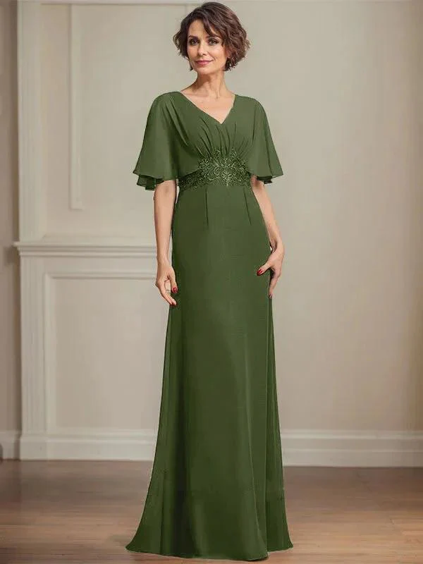 A-line V-Neck Floor-Length Chiffon Mother of the Bride Dress With Pleated Sequins Appliques Lace - Image 30
