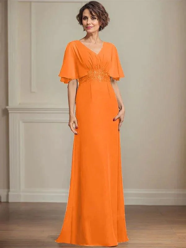 A-line V-Neck Floor-Length Chiffon Mother of the Bride Dress With Pleated Sequins Appliques Lace - Image 31