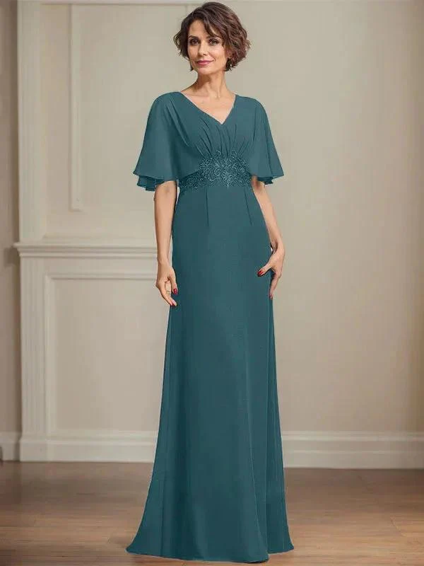 A-line V-Neck Floor-Length Chiffon Mother of the Bride Dress With Pleated Sequins Appliques Lace - Image 32