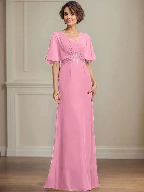 A-line V-Neck Floor-Length Chiffon Mother of the Bride Dress With Pleated Sequins Appliques Lace - Image 33