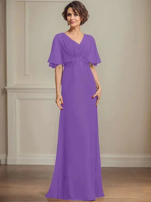 A-line V-Neck Floor-Length Chiffon Mother of the Bride Dress With Pleated Sequins Appliques Lace - Image 34
