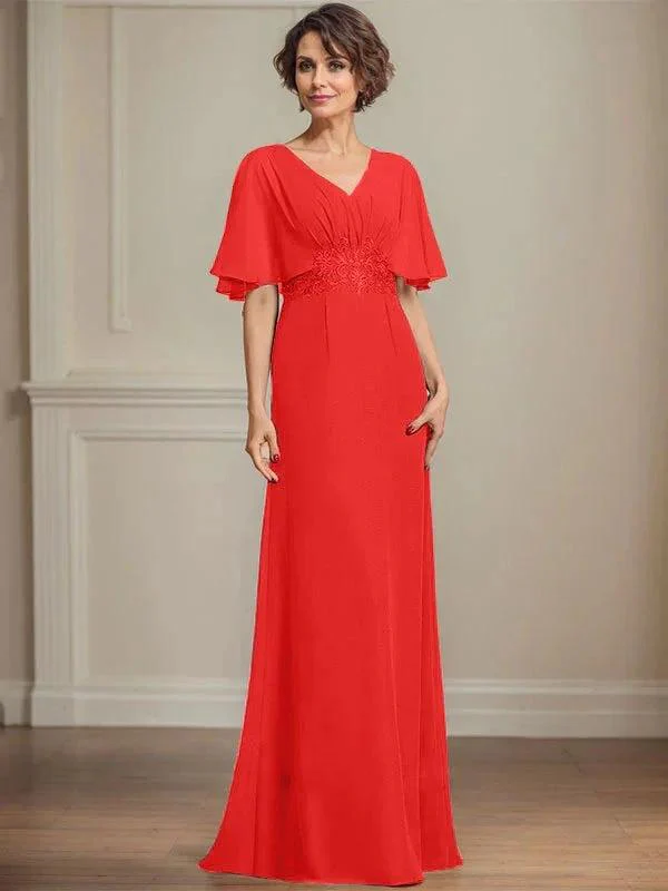 A-line V-Neck Floor-Length Chiffon Mother of the Bride Dress With Pleated Sequins Appliques Lace - Image 35