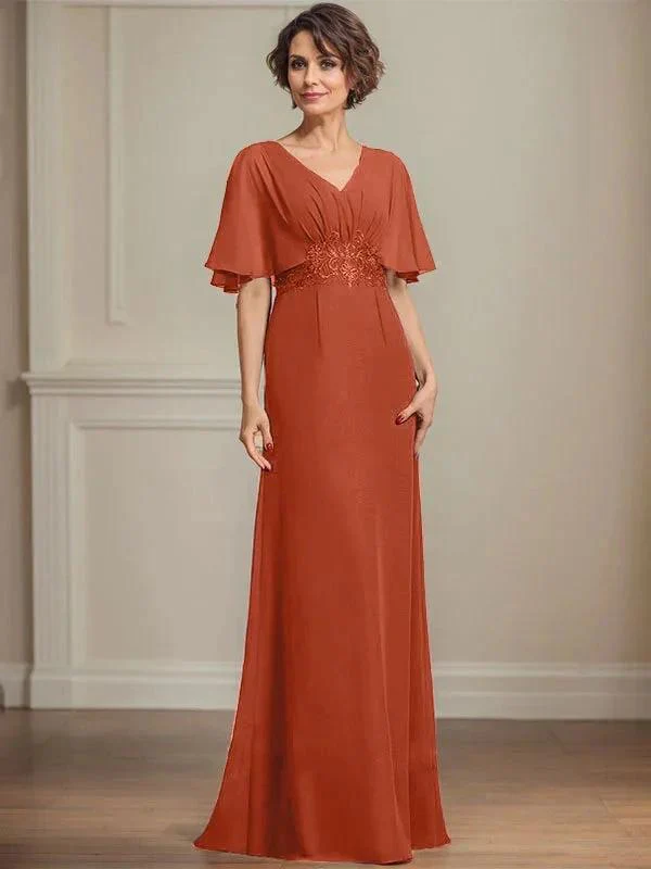 A-line V-Neck Floor-Length Chiffon Mother of the Bride Dress With Pleated Sequins Appliques Lace - Image 36